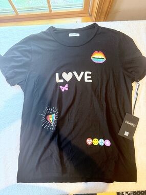 Lauren Moshi Black Short Sleeve Tee with Rainbow Lips & Colorful Patches